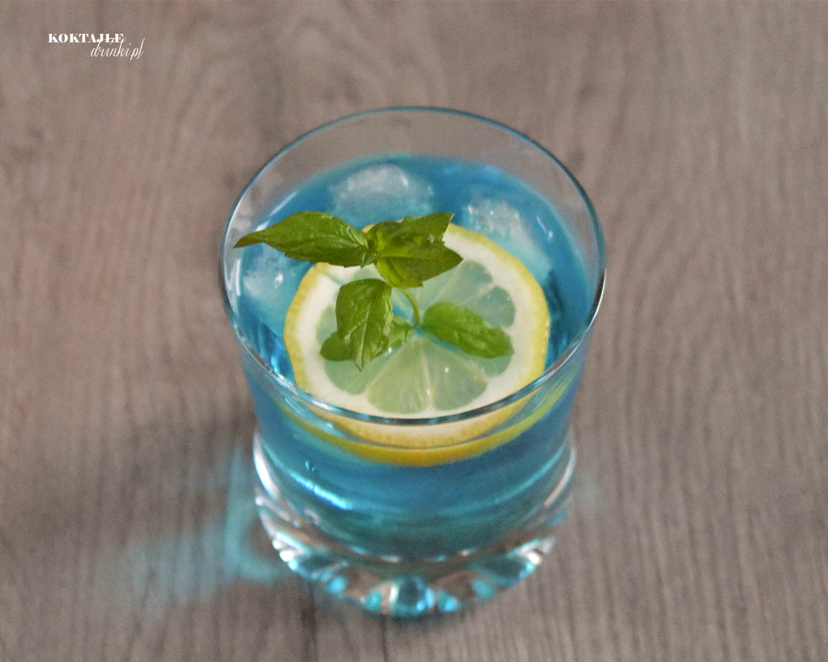 Błękitny drink Blue Gin w niskiej szklance z plasterkiem cytryny w środku z wsytającą gałązką mięty.