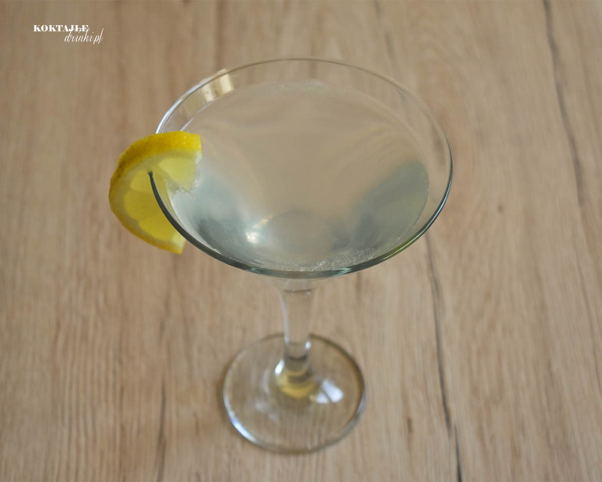 Widok na drink Martini z wódką i spritem z góry, zbliżenie na ozdobę w postaci cytryny.
